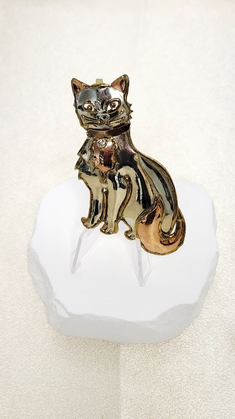 Vintage Mexico Mixed Metals Copper Silver Tone Cat Brooch Pin 3.5 Inch L
